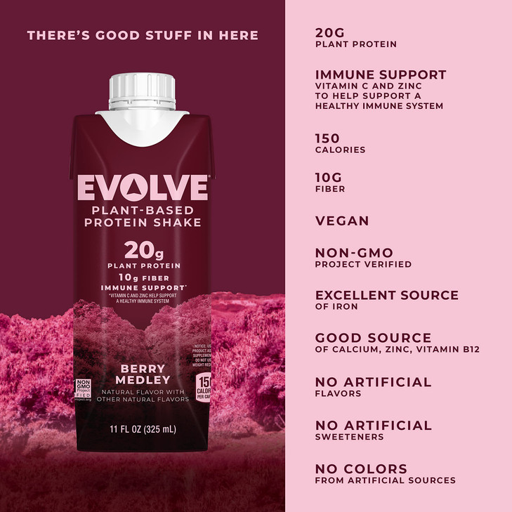 Evolve Plant Based Protein Shake, Berry Medley, 20g Vegan Protein, Immune Support, Vitamin C & Zinc, Dairy Free, No Artificial Sweeteners, Non-GMO, 1