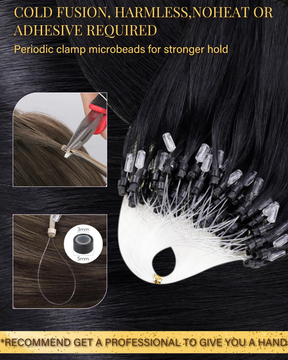 Hetto Human Hair Extensions, 22 Inch Black Microbead, Straight Microlink Hair Extensions, 50 Strands, 50g, Jet Black #1