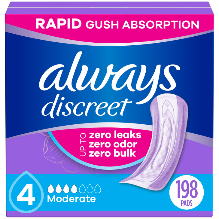 Always Discreet Adult Incontinence Pads for Women, Moderate Absorbency, Regular Length, Postpartum Pads, 198 Count (3 Packs of 66)