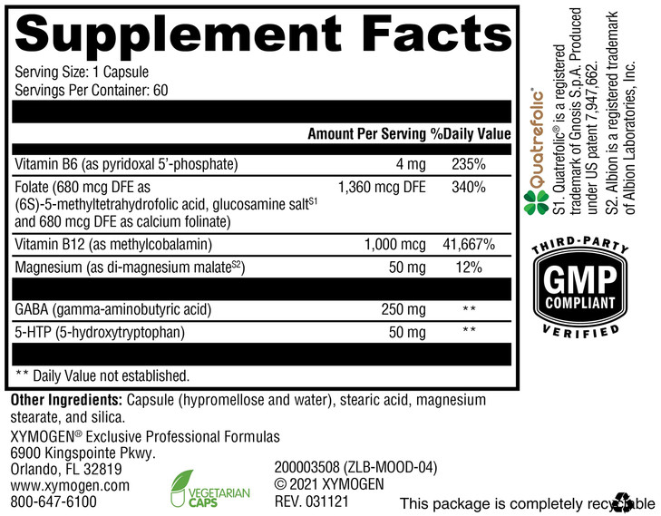 XYMOGEN Mood Food - Nervous System, Relaxation & Mood Support Supplement - Folate, B12, B6 with Magnesium, 5-HTP & GABA Supplement - Vegan & Non-GMO