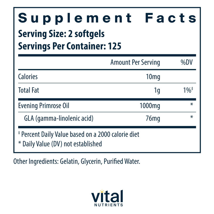 Vital Nutrients Evening Primrose Oil 1000mg - Primrose Supplement for Women - GLA Omega-6 Fatty Acid for Skin and PMS Support* - Gluten, Dairy, Soy F