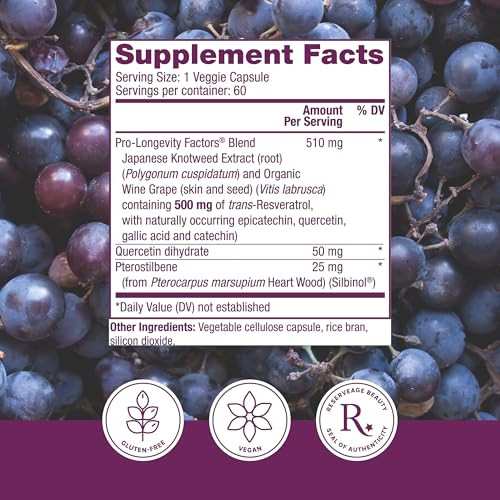 Reserveage Beauty, Resveratrol 500 mg with Pterostilbene, Antioxidant Supplement for Immune Support & Heart Health, Supports Healthy Aging, Paleo, Ke