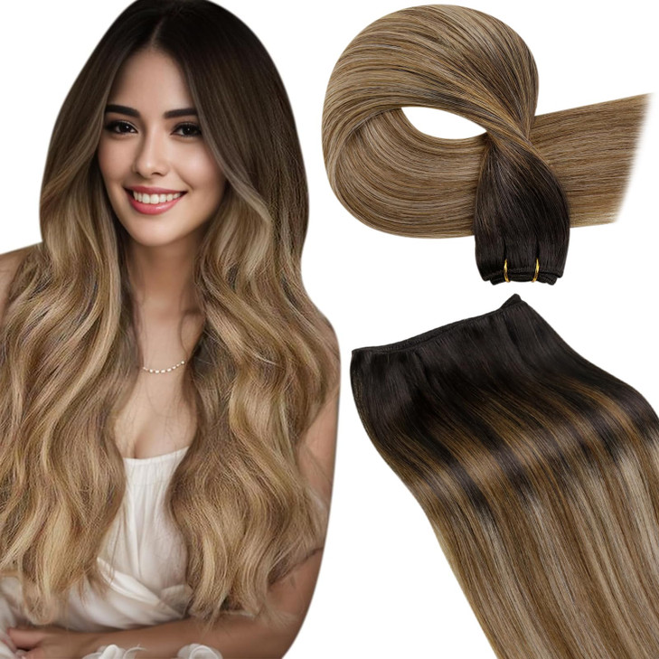 LaaVoo Weft Hair Extensions Human Hair Brown Balayage Sew in Hair Extensions Darkest Brown Balayage Medium Brown Mix Ash Blonde Human Hair Weft Exten
