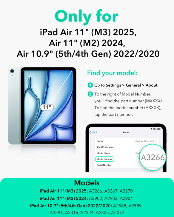 ESR for iPad Air 11 Inch Case M3/M2 (2025/2024), iPad Air 5th/4th Gen Case (2022/2020) 10.9 Inch, Removable Magnetic Cover, Adjustable Portrait/Lands