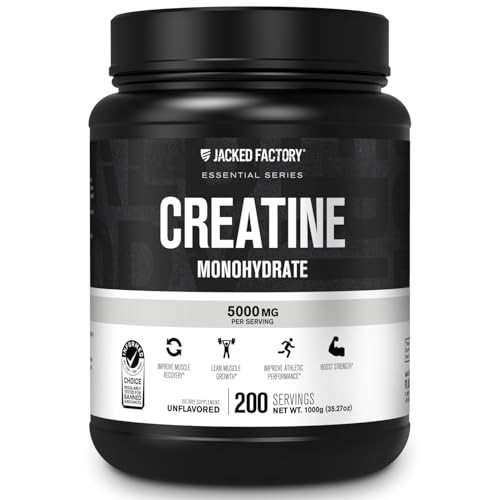 Jacked Factory Creatine Monohydrate Powder 1000g - 5g Daily Creatine Supplement for Men and Women, Vegan-Friendly, Third-Party Tested - 200 Servings,