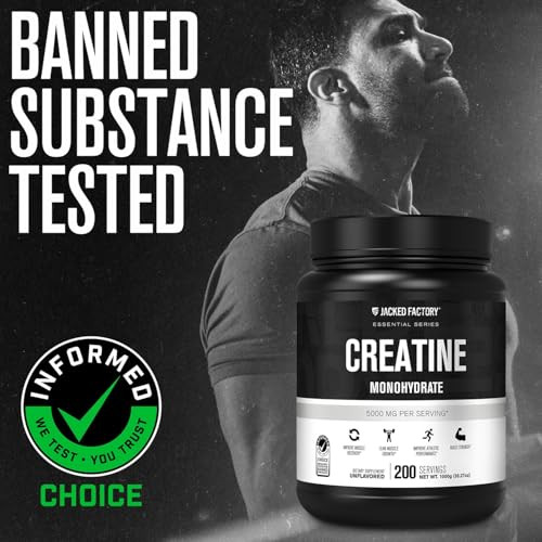 Jacked Factory Creatine Monohydrate Powder 1000g - 5g Daily Creatine Supplement for Men and Women, Vegan-Friendly, Third-Party Tested - 200 Servings,
