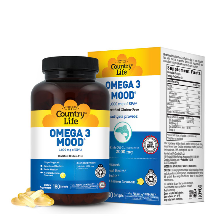 Country Life Omega 3 Fish Oil Supplement - High Concentration EPA and DHA Omega 3 Fatty Acids - 2000mg Fish Oil for Emotional Health, Mood Support, a