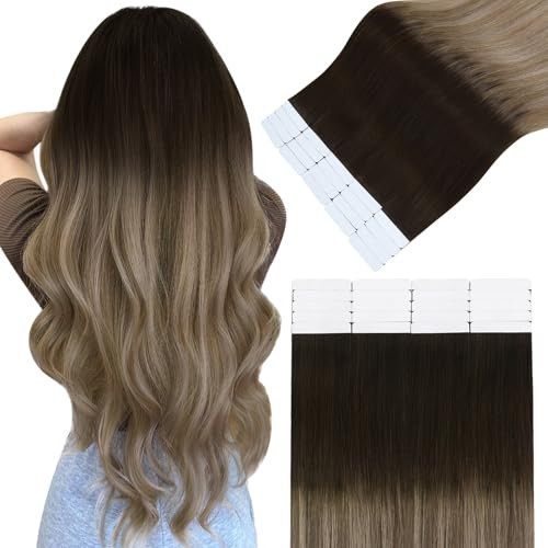 Easyouth Human Hair Extensions Tape in Ombre 22 Inch Tape in Human Hair Extensions Balayage Brown to Medium Brown with Blonde Adhesive Tape Hair Exte