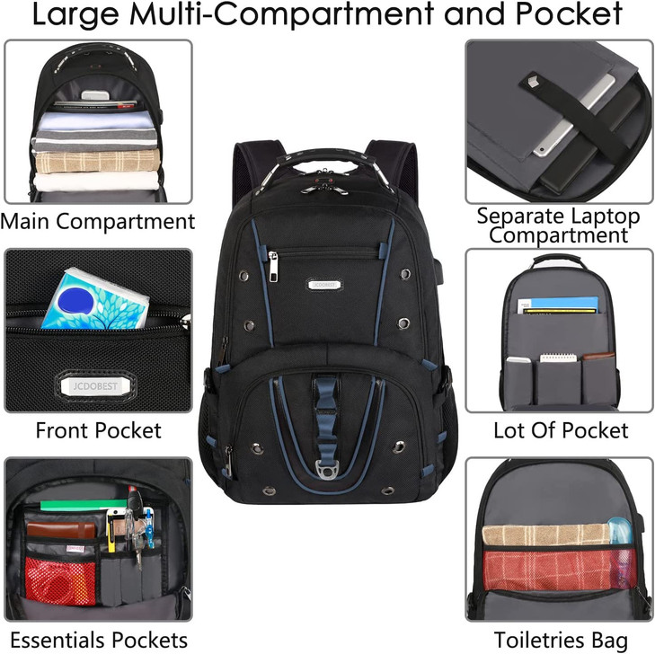 JCDOBEST Travel Laptop Backpack, 17.3 Inch XL Heavy Duty Computer Backpack with RFID Pockets, TSA Friendly Extra Large College Daypack with USB Charg