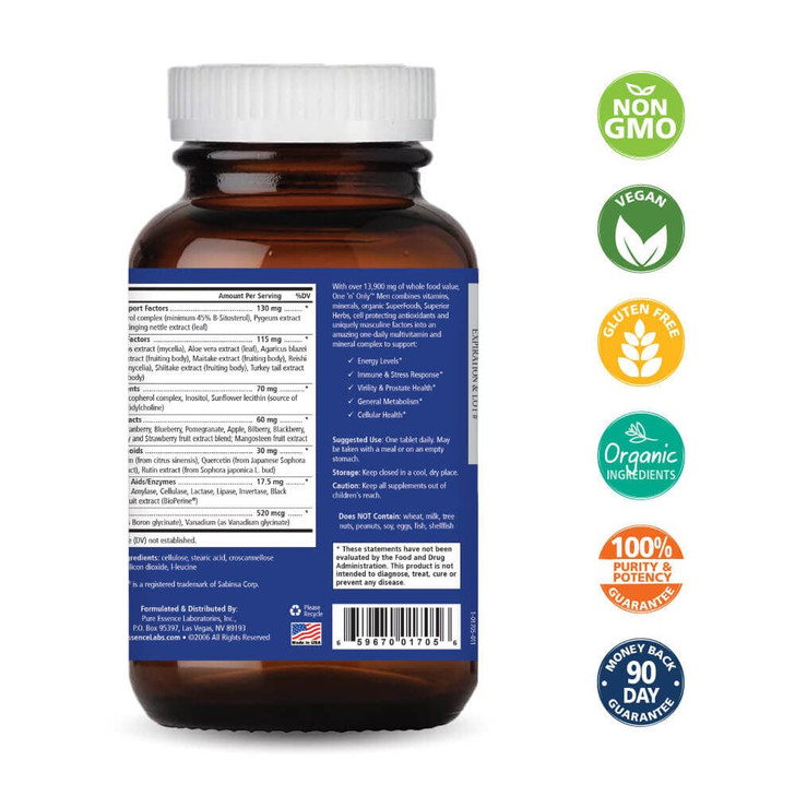 PURE ESSENCE LABS One N Only Multivitamin for Men, Natural One a Day Herbal Supplement with Vitamin D3, B12, and Biotin with Whole Foods, 90 Tablets