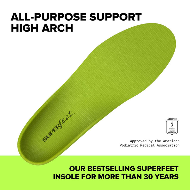 Superfeet All-Purpose Support High Arch Insoles (Green) - Trim-To-Fit Orthotic Shoe Inserts - Professional Grade - Men 9.5-11 / Women 10.5-12