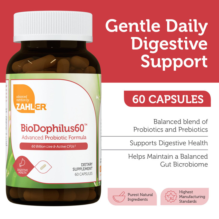 Zahler BioDophilus60, 60 Billion CFU Probiotic + Prebiotic - 11 Strains Daily Probiotic Supplement - Kosher Probiotics for Women for Digestive Health