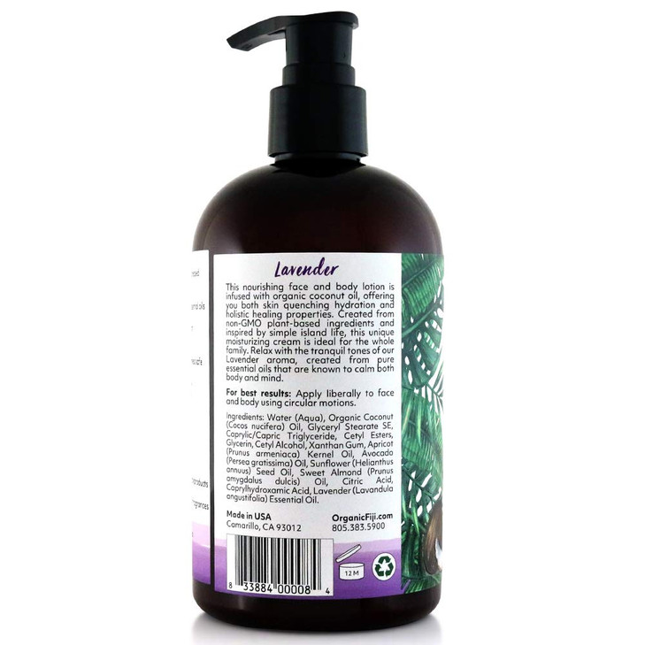 Coco Fiji Face & Body Lotion Infused With Coconut Oil | Lotion for Dry Skin | Moisturizer Face Cream & Massage Lotion for Women & Men |Lavender 12 oz