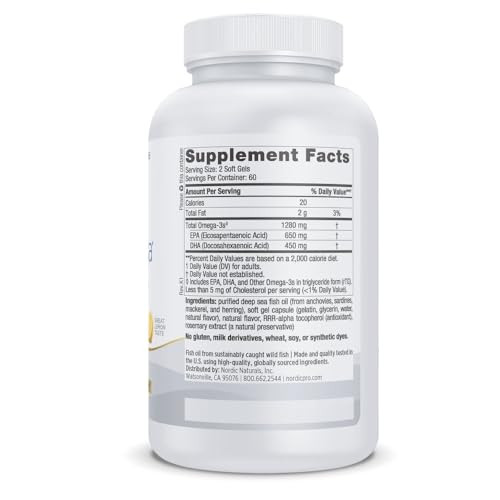 Nordic Naturals ProOmega, Lemon Flavor - 120 Soft Gels - 1280 mg Omega-3 - High Potency Fish Oil with EPA & DHA - Promotes Brain, Eye, Heart, & Immun