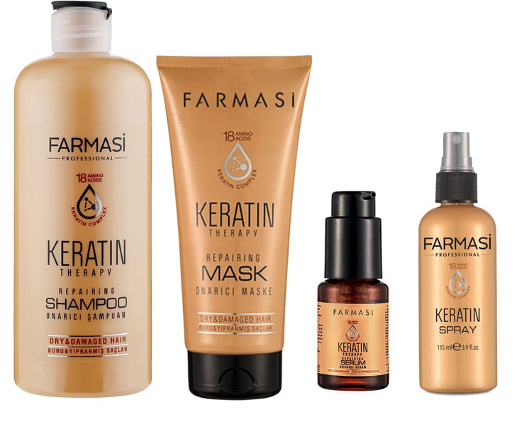 FARMASi Keratin Therapy Hair Care Set: Repairing Shampoo 12.2 fl oz, Hair Mask 6.7 fl oz, Leave-In Serum 1 fl oz, Repair Spray 3.9 fl oz for Dry Dama