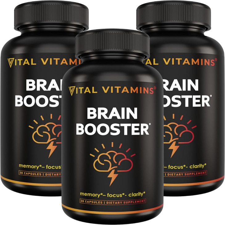 Vital Vitamins Brain Supplements for Memory and Focus (3 Pack)  Nootropic Brain Booster with Ginkgo Biloba, Rhodiola, B12  Caffeine-Free Support fo