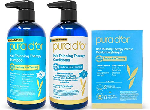 PURA D'OR Hair Thinning Therapy 3-Piece Set, Shampoo, Conditioner & Masque for Best Results, Infused with Argan Oil, Biotin, All Hair Types, Men & Wo