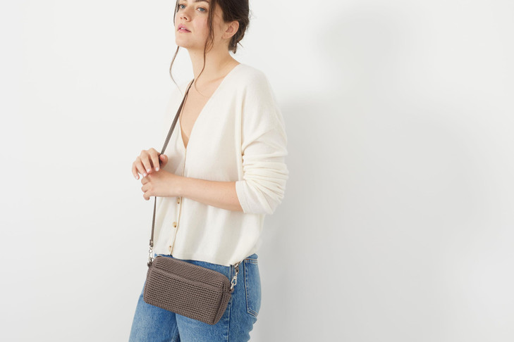 The Sak Cora Phone Crossbody in Crochet, Adjustable, Convertible Strap, Sunset Stripe