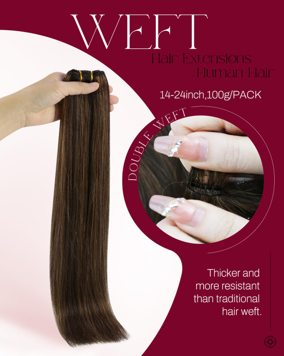 Moresoo Weft Hair Extensions Human Hair Light Brown with Darkest Brown Sew in Hair Extensions Double Weft 100g Short 14 inch