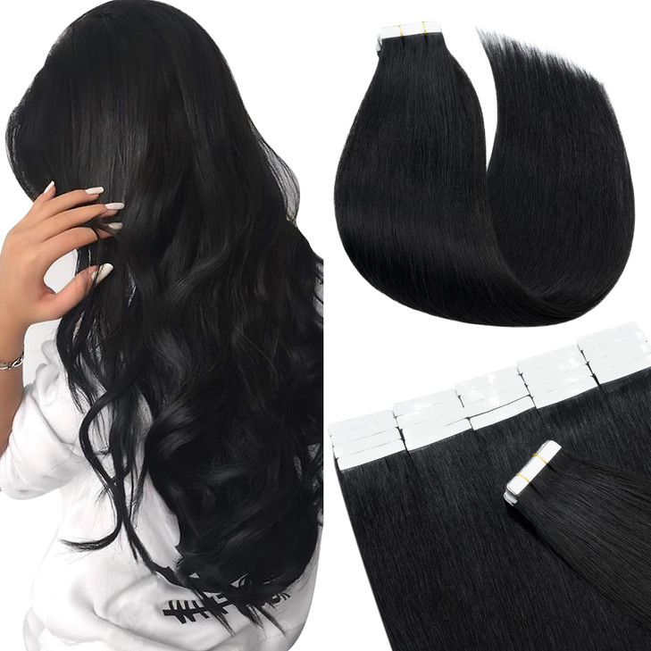 SEGO Tape In Hair Extensions Human Hair, 20pcs 50g 20 Inch Black Remy Straight Human Hair Tape In Extensions for Women -#01 Jet Black