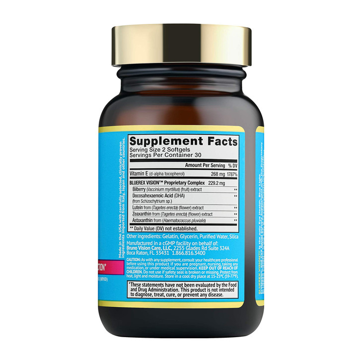 BRUNO MD Bluerex Vision, Eye Health Supplement for Adults, Vitamin E and Bilberry Extracts, Antioxidant Supplement, Helps with Computer Vision Syndro