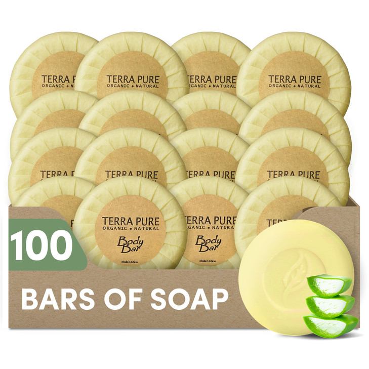 Terra Pure Travel Size Hotel Bar Soap 100 Count 1.25 oz Body Bars Guest Amenities for Hotels Vacation Rentals and Short Term Rentals Paraben Free Gre