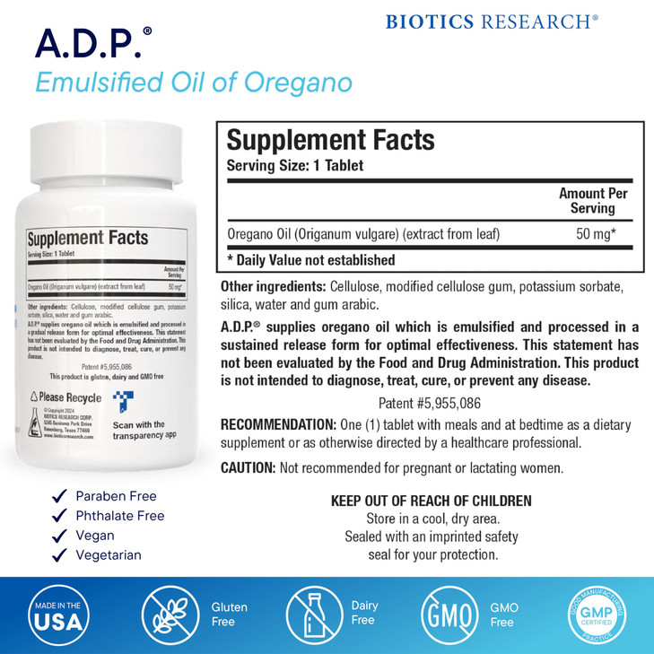 Biotics Research A.D.P. Emulsified Oil of Oregano Tablets for GI Health -Sustained Release for High Absorption Contains Carvacrol, Wild Oregano Oil 5