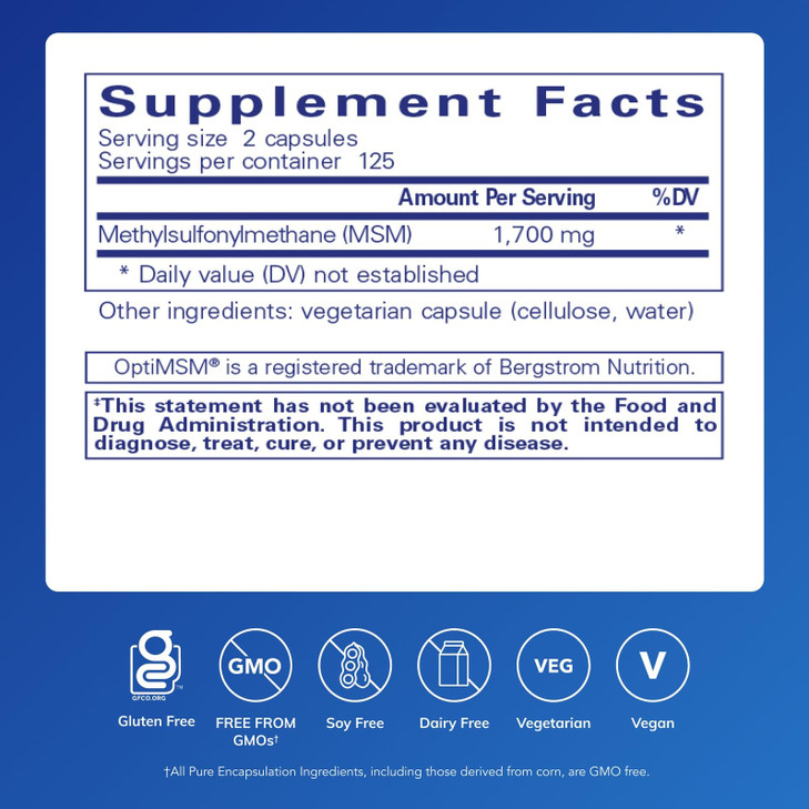 Pure Encapsulations MSM Capsules | Sulfur Supplement to Support Joints, Immune System, Connective Tissue, and Respiratory Health* | 250 Capsules