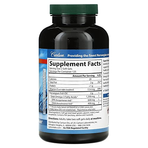Carlson - Super Omega-3 Gems, 1200 mg Omega-3s, Wild Caught, Sustainably Sourced, 250 soft gels
