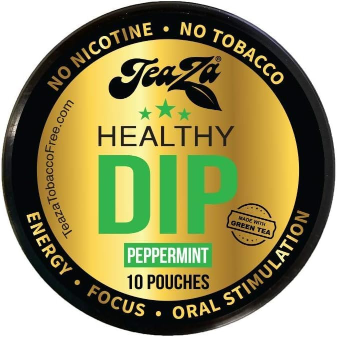 TeaZA Herbal Energy Pouches, Nicotine Free Tobacco Free Smokeless Alternative Snuff, Made with Green Tea Caffeine Dip Pouches, Peppermint (12 Pack)