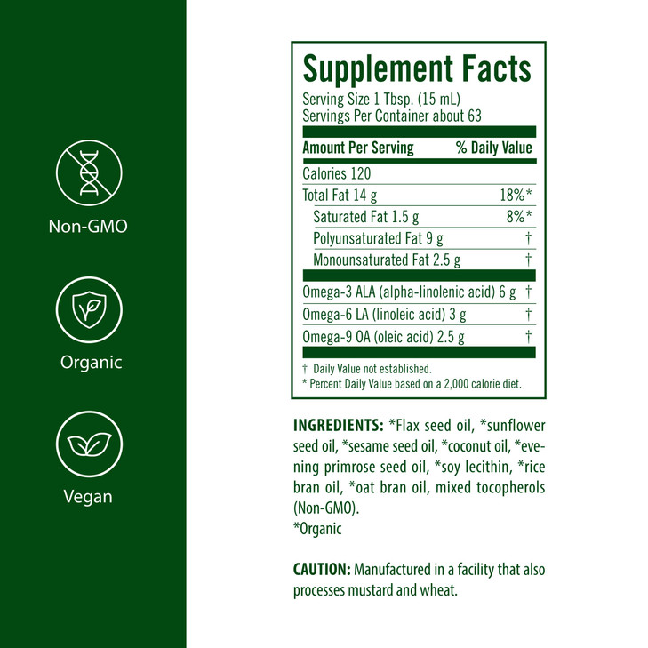 Flora Health UDOs Oil Omega 3-6-9 32 Oz Supplement | Organic | Plant Based | Vegan Fish Oil Alternative | Blend of Flaxseed, Coconut, Evening Primro