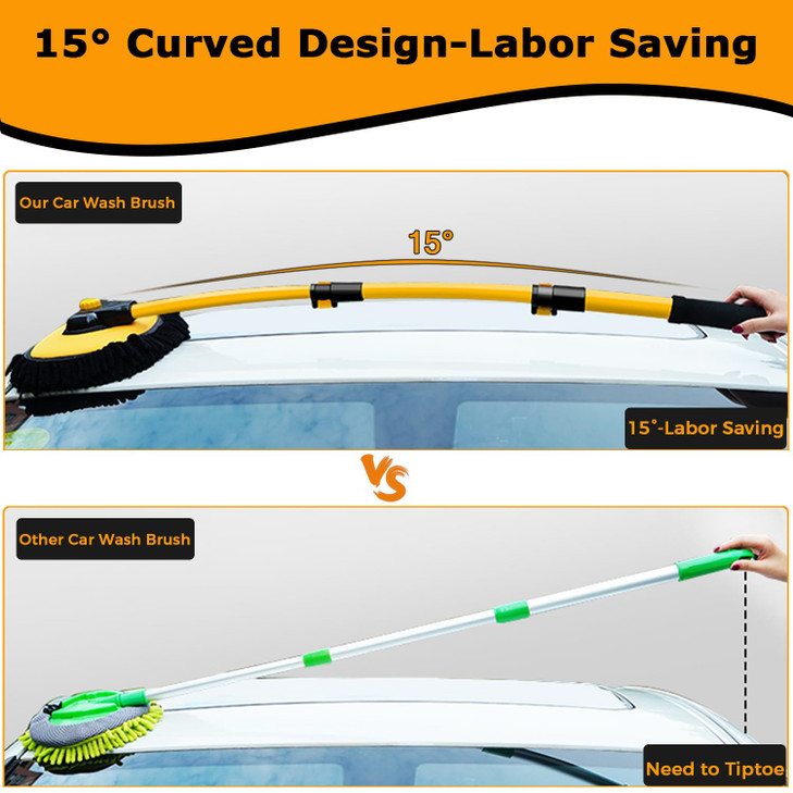 WillingHeart 15° Curved Car Wash Brush with Long Handle 43" Extension Pole RV Truck Microfiber Cleaning Mop Auto SUV Wheel Boat Exterior Interior Det