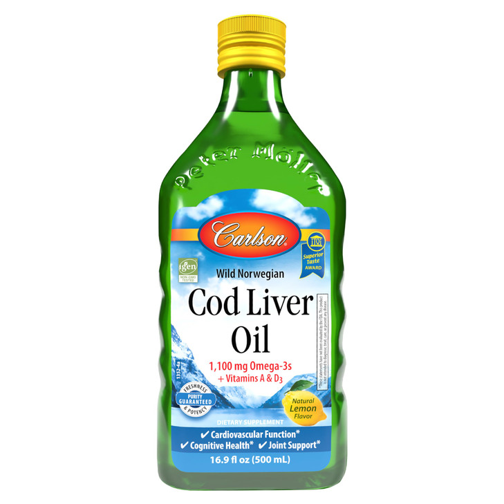 Carlson - Cod Liver Oil 1100 mg Omega-3s Plus Vitamins A & D3, Wild Caught Norwegian Arctic, Sustainably Sourced Nordic Fish Oil Liquid, Lemon, 500 m