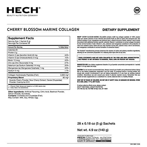 HECH Cherry Blossom Marine Collagen - Drink Sachets for Youthful Glow with 4,600 mg of Marine Collagen and an Antioxidant Matrix with Natural Plant E