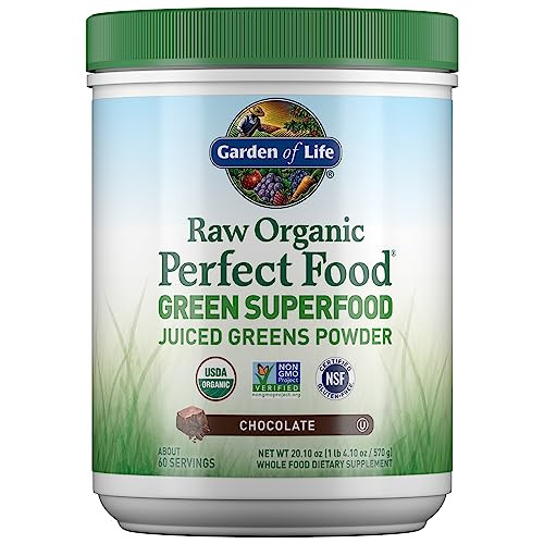 Garden of Life Raw Organic Perfect Food Green Superfood Juiced Greens Powder - Chocolate, 60 Servings, Non-GMO, Gluten Free, Vegan Whole Food Dietary