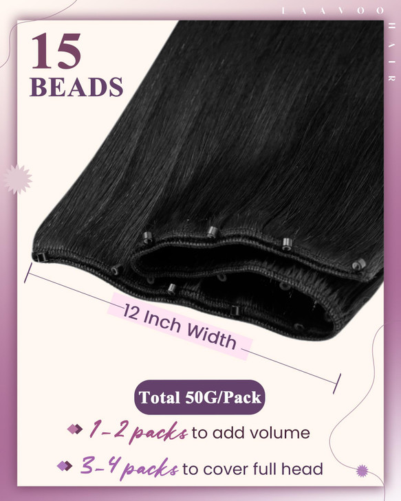 LaaVoo Beaded Weft Hair Extensions Black Weft Extensions Human Hair Bead Hair Extensions Real Human Hair #1 Black 22inch 50g