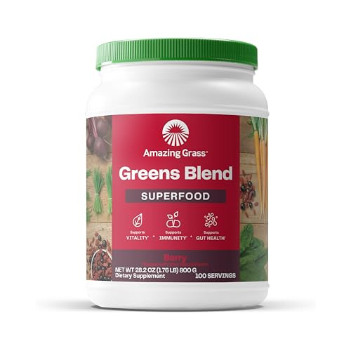 Amazing Grass Greens Blend Superfood: Super Greens Powder with Spirulina, Chlorella, Beet Root Powder, Digestive Enzymes, Prebiotics & Probiotics, Be
