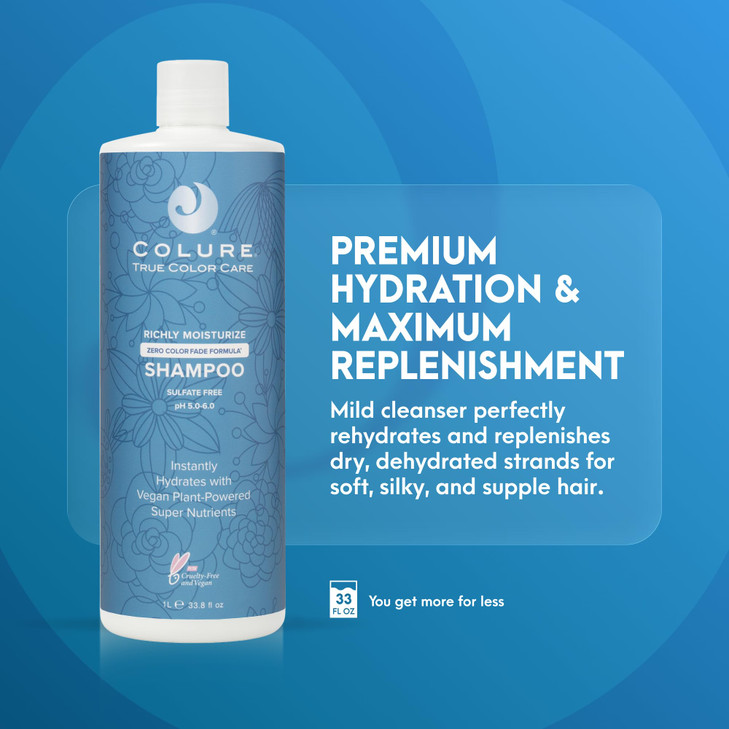 COLURE Richly Moisturize Shampoo 33 oz - Superior Hydrating Sulfate Free Cleanser for Dry Color Treated Hair Care