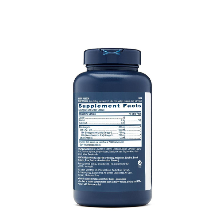 GNC Triple Strength Fish Oil Omega 3 Supplement, 1000mg EPA and DHA, Supports Heart, Brain, Skin, Eye and Joint Health, Burpless, Ultra Concentrated,