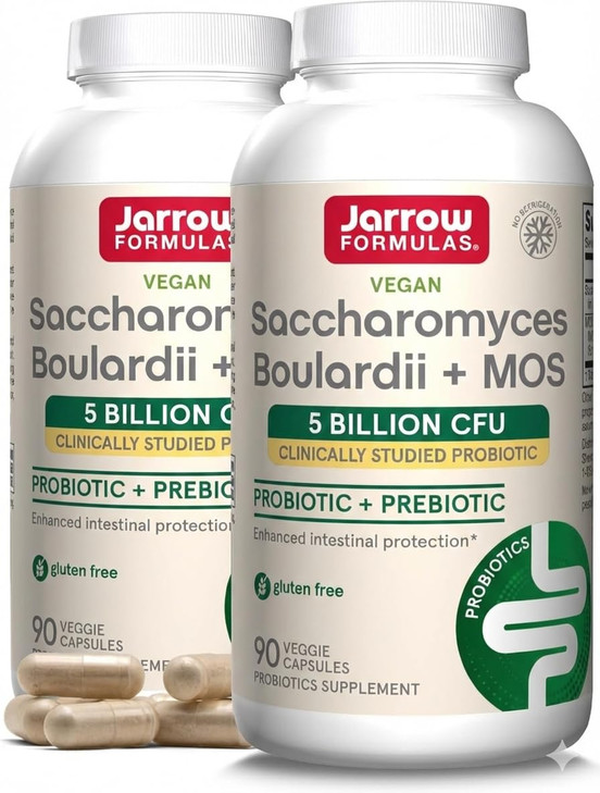 Jarrow Formulas Saccharomyces Boulardii + MOS - 5 Billion Viable Organisms Per Serving - 90 Delayed Release Veggie Caps, 2 Pack - Probiotic + Prebiot