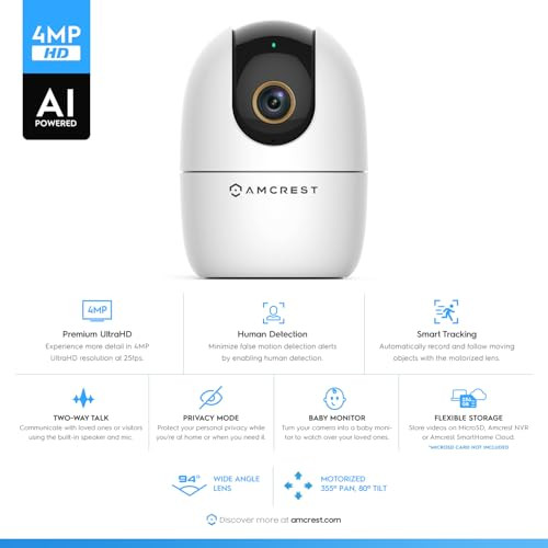 Amcrest 4MP WiFi Camera Indoor, Dog Camera, Sound & Baby Monitor, Human & Pet Detection, Motion-Tracking, w/ 2-Way Audio, Pan/Tilt Wireless IP Camera