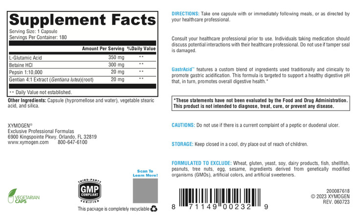 XYMOGEN GastrAcid - Betaine HCl with Pepsin, L-Glutamic Acid + Gentian Root Digestive Bitters to Support Digestion, Nutrient Absorption + Healthy Gas