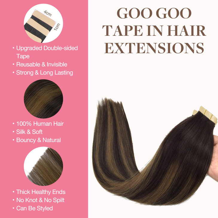 GOO GOO Tape in Hair Extensions Human Hair, 2/6/2 Balayage Dark Brown to Chestnut Brown, 22inch 50g 20pcs, Thick Ends Straight Seamless, Invisible Ta