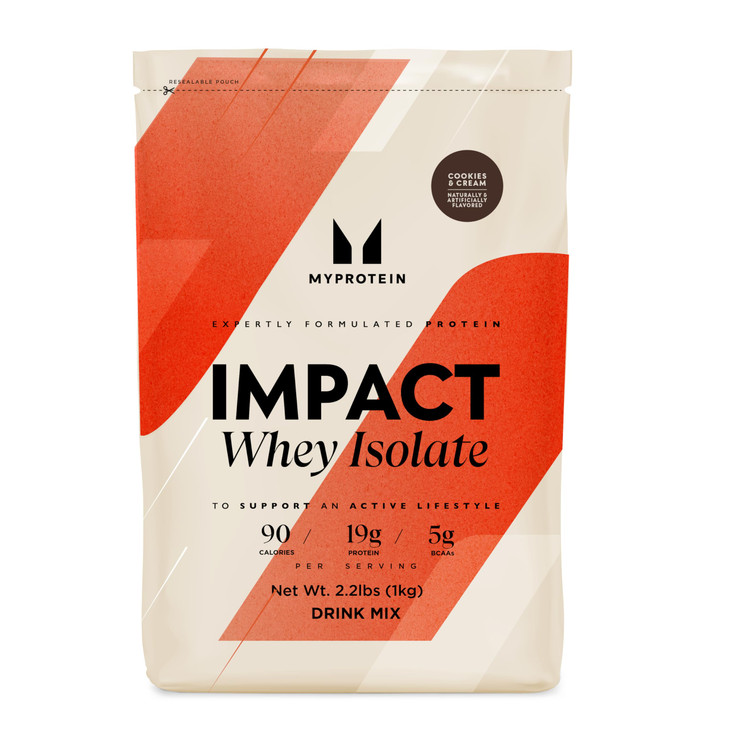 Myprotein Impact Whey Protein Isolate, 2.2 Lbs (40 Servings) Cookies & Cream, 19g Protein, 3.5g Glutamine & 4.5g BCAA Per Serving, Protein Shake for