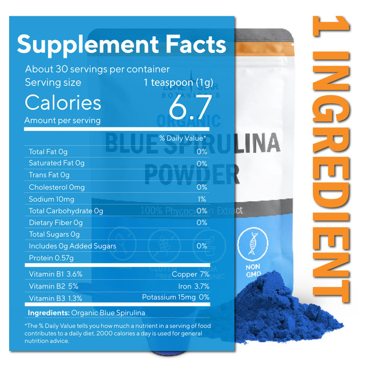 Organic Blue Spirulina Powder, 120 Servings - 100% Pure Superfood Blue-Green Algae, Natural Food Coloring for Smoothies & Protein Drinks - Non GMO, G