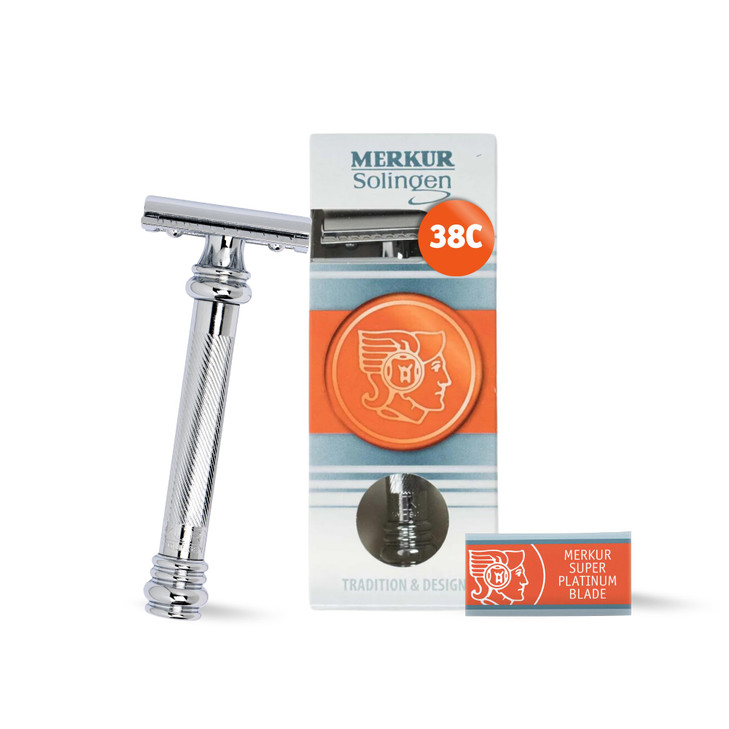MERKUR 38C Double Edge Safety Razor - Bright Chrome, Extra Large Barber Pole Grip Brass Handle, Made in Germany, Plastic-Free, Two Piece Design, Clos