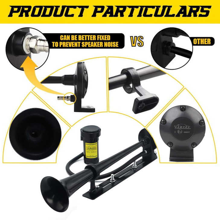 GAMPRO 12V 150DB Air Horn with bracket Kit, 18 Inches Chrome Zinc Single Trumpet Truck Air Horn with Compressor and bracket for Any 12V Vehicles Truc