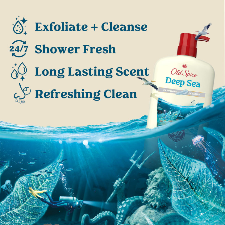 Old Spice Cleansing Body Wash for Men, 24/7 Shower Fresh with Lasting Scent, Exfoliate & Cleanse, Gentle on Skin, Vitamin B3, Deep Sea with Ocean Wav