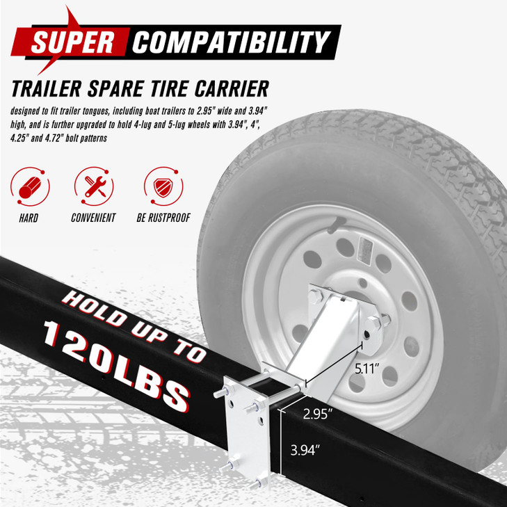 FIERYRED Trailer Spare Tire Mount,120LBS Spare Tire Carrier for Trailer,Utility Trailer and Boat, Tire Holder Bracket Fits 4 & 5 Lugs Wheels, Hold 3.