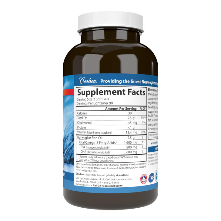 Carlson Labs Elite Omega-3 Gems Fish Oil 1250mg, 180 Softgels